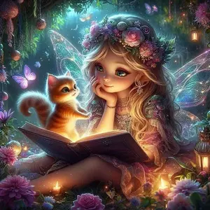 5D DIY Diamond Arts Colorful Painting Kit, Cat & Fairy Book Design, Full Drill Mosaic Art, Home Decor Gift for Ages 13 and Up