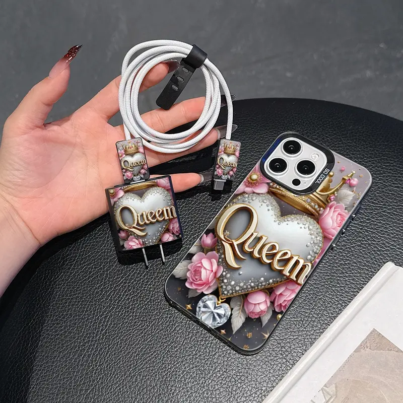 Crown Heart iPhone Case Set, Includes Charger Cover & Cable Protector, Anti-Drop TPU Smartphone Cover Casing for iPhone Models 6-16 Pro Max Cellphone Accessories, Protective Covers