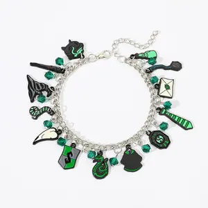 Green Black Wizard Charm Bracelet for Women Girls, Magic Themed Enamel Charms Bracelet, Adjustable Silver Chain Fantasy Jewelry Gift