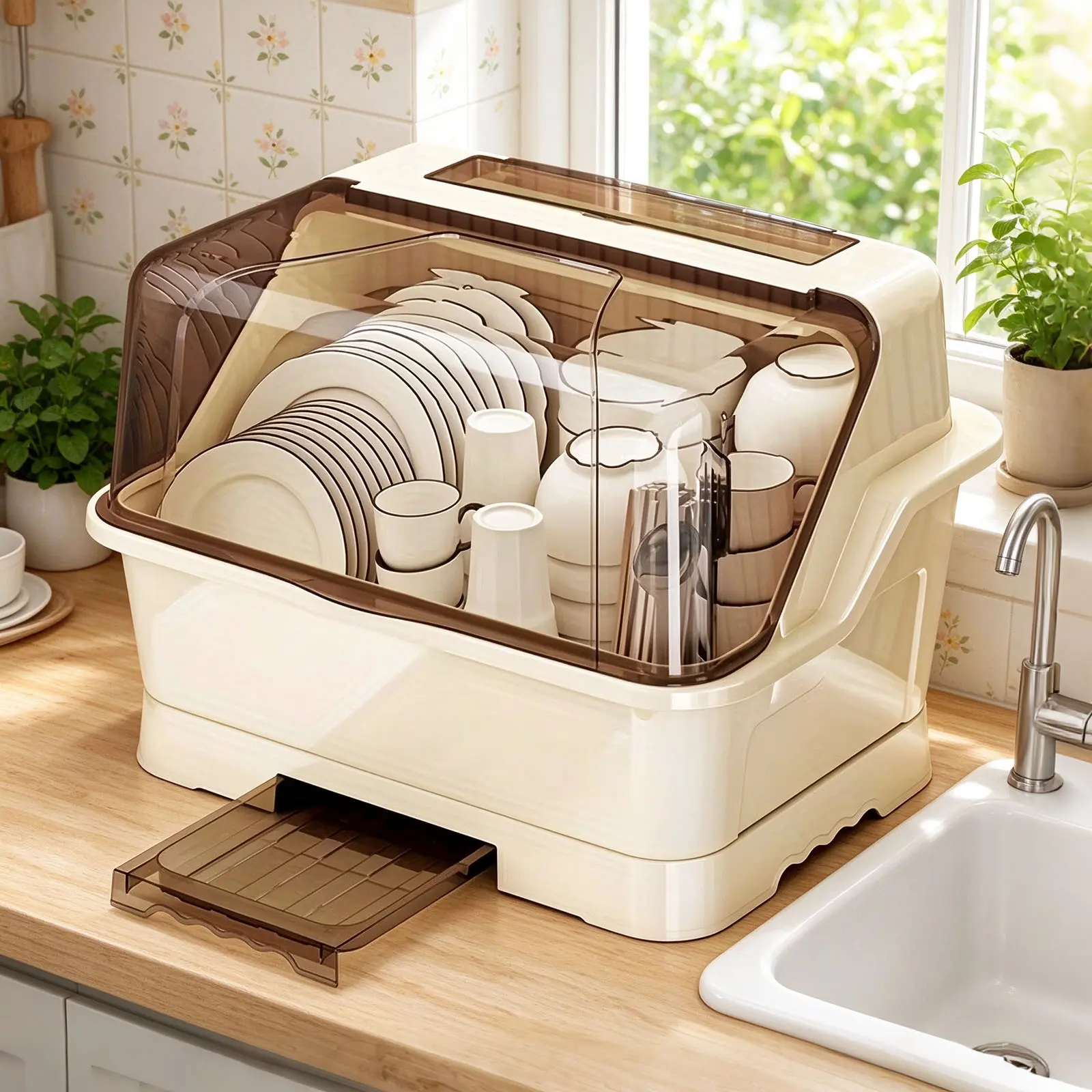 Lid-Style Bowl, Plate, and Chopstick Cabinet, Dish Drying Rack with Cover Plate Storage Rack with Pull-Out Drain Tray Full Enclosure Dust-Proof Dish