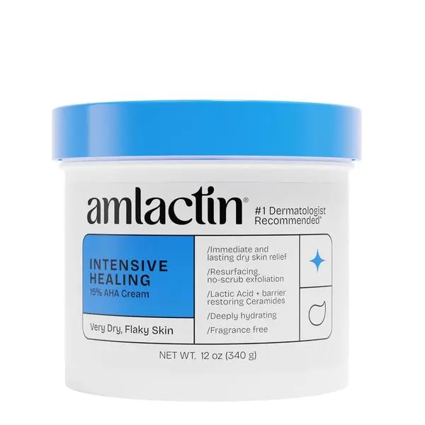 AmLactin Intensive Healing Therapeutic Body Cream - 15% Lactic Acid AHA & Ceramides Body Care, Daily Moisturizing Hydrating Hand Cream, No-Scrub Exfoliator for Extremely Dry Skin, 12 oz (Packaging May Vary), Amlactin Lotion, Fragrance Free, Very Dry, Deep