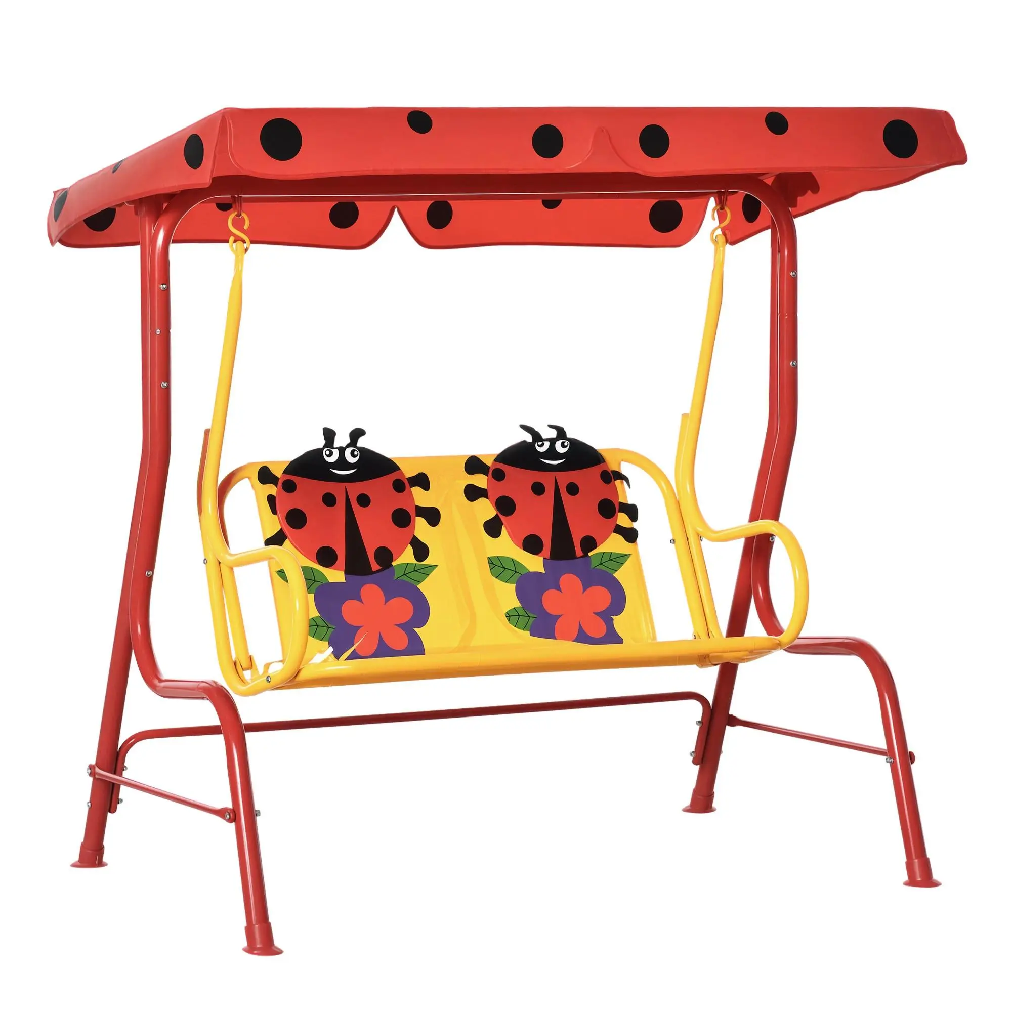 Double-Seat Kids Patio Swing with Cute Lion Pattern, Adjustable Canopy, Safety Belt, Unisex Design for 1-2 Children (Kids Aged 3-6), 132 lbs Capacity, 44.1" L x 29.5" W x 47.2" H, Comfortable Gentle Sway, Backyard-Porch-Pool Furniture, Outdoor