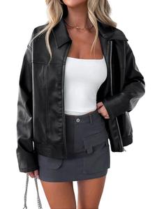 women's solid drop shoulder zipper pu faux leather jacket, fitted casual long sleeve collared outerwear for fall & winter, ladies clothes winter jacket for daily wear, going out tops, womenswear