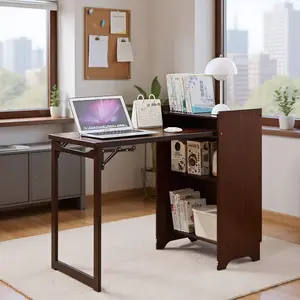 Bamboo Folding Desk – Foldable Computer Desk for Small Space with Hidden Storage, Mid Century Foldable Table for Home Office and Bedroom, Space-Saving, Natural Walnut, Sturdy Bamboo