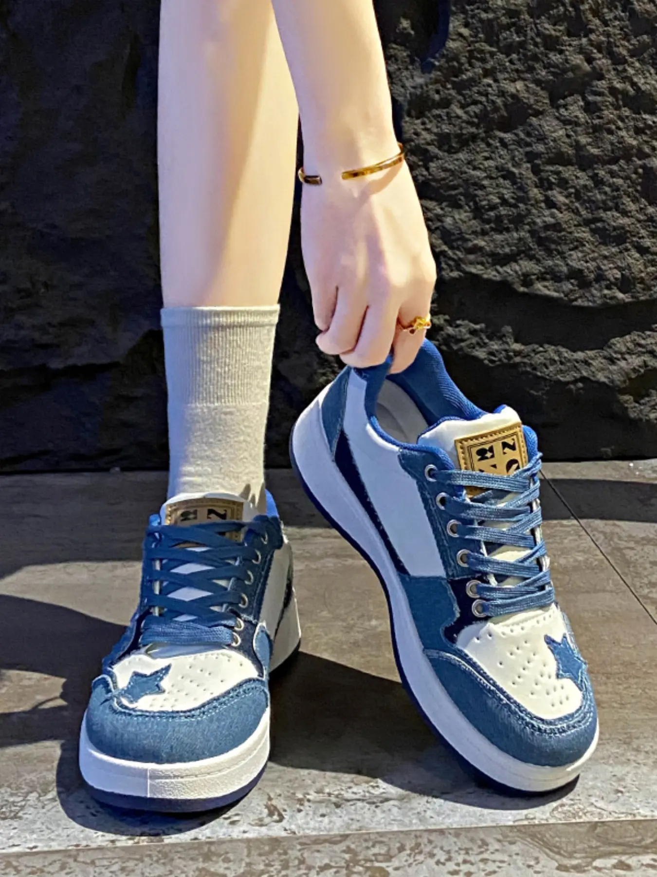 Women's Star Jean Board Shoes, Thick Sole Patchwork Casual Sports Shoes, Versatile Student Style, All Seasons Wear, Athletic Casual Sneakers