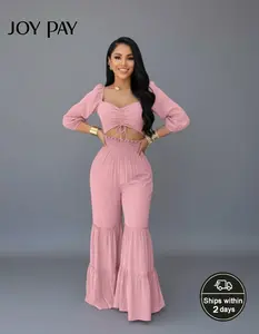 JOYPAY Women's 2 Piece Ruffle Hem Set Ruched Crop Top & High Waist Flared Pants in Light Pink Casual Outfit for Versatile Occasions