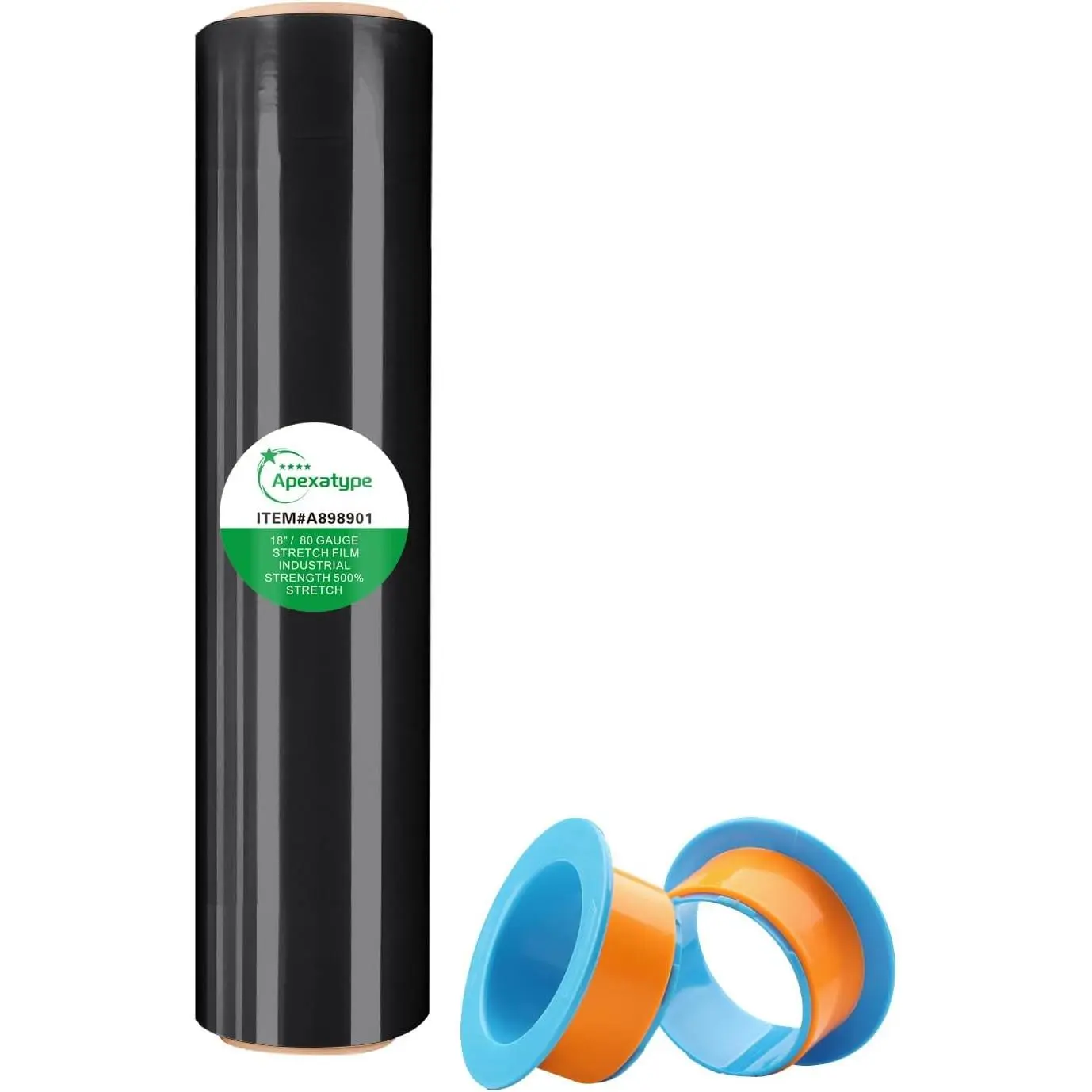 18" Black Plastic Shrink Wrap Roll - 1500ft, 80 Gauge, 500% Stretch Industrial Strength Film with Handle for Moving, Furniture Packing, Residue-Free, Machine & Hand Use (1 Roll)