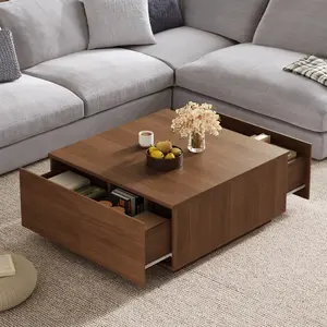 [Bellemave] 33.25" Square Coffee Table with 4 Drawers| Wood Grain Storage Coffee Table for Living Room