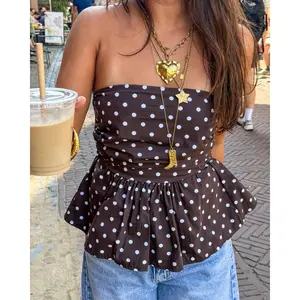 Tankaneo Womens Strapless Polka Dot Tube Tops Cute Backless Ruffle Hem Bandeau Top Slim Fit Y2k Tank Tops