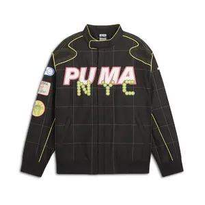 PUMA Mens Archive Seasonal Bright Lights Nyc Relaxed Racer Jacket Athletic Outerwear Casual Full Zip Comfort Technology - Black