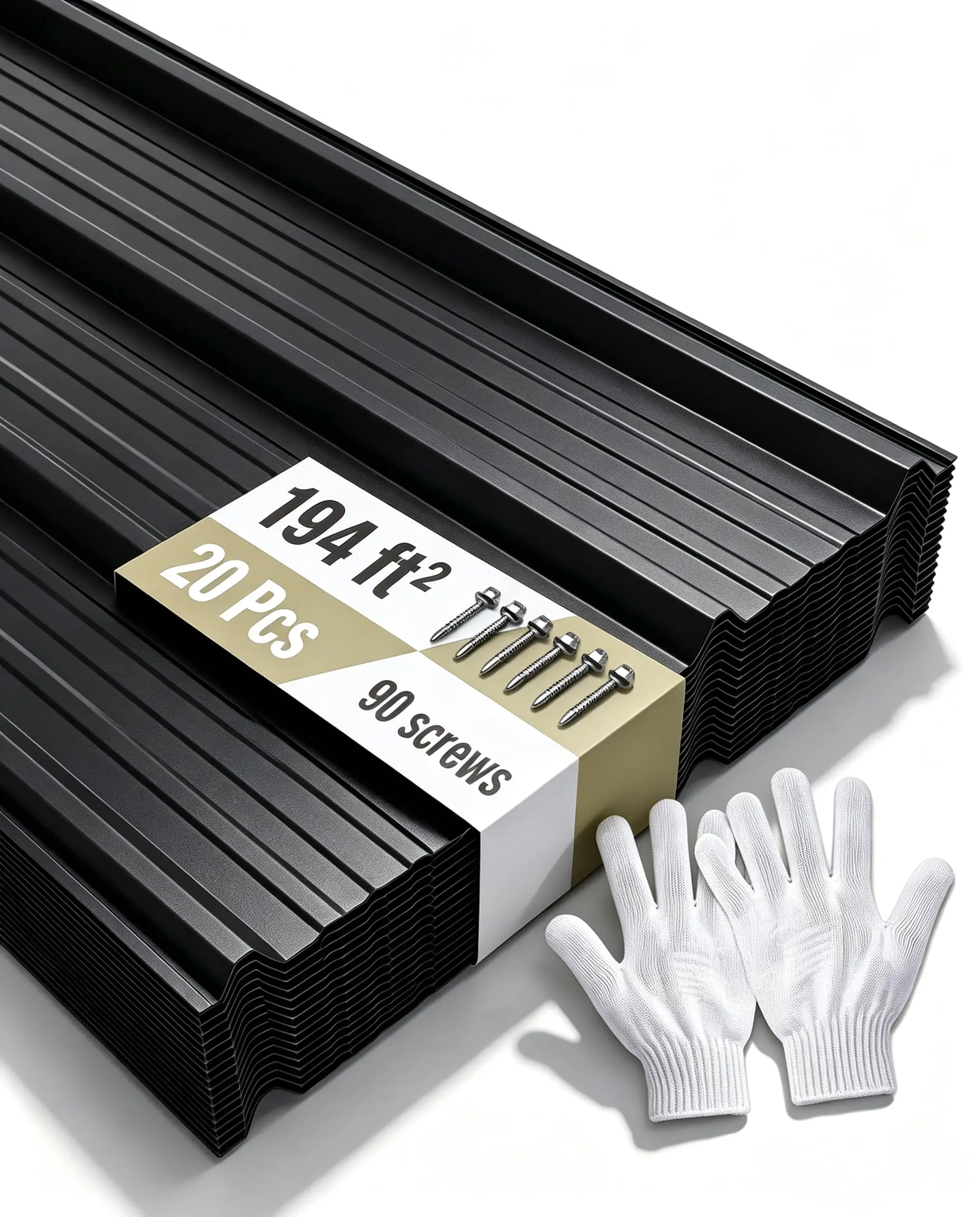 Garvee 20 Pcs Metal Roofing Panels Kit with 90 Screws and Gloves, 194 Sq ft, Black