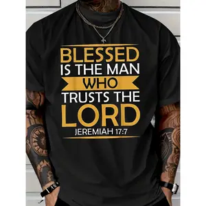 Men's Plus Size XL Verse T-Shirt - Jeremiah 17:7 "Blessed is the for Man Who Trusts the Lord" Print, Soft Breathable Cotton Short Sleeve Crew Neck Casual Apparel, Non- All-Season Comfort Fit for Church & Daily Wear, PLUS SIZE