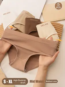 Women's Seamless Mid-Waist Panties, High Elasticity Fitted Slimming, Breathable Skin-Friendly, Comfortable Daily Wear, Pack of 5