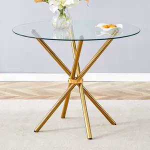 36.6'' Gold Round Dining Table for 4-6 Small Circle Kitchen Table with Clear Tempered Glass and Golden Metal Legs Suitable for Dining Room Home Office