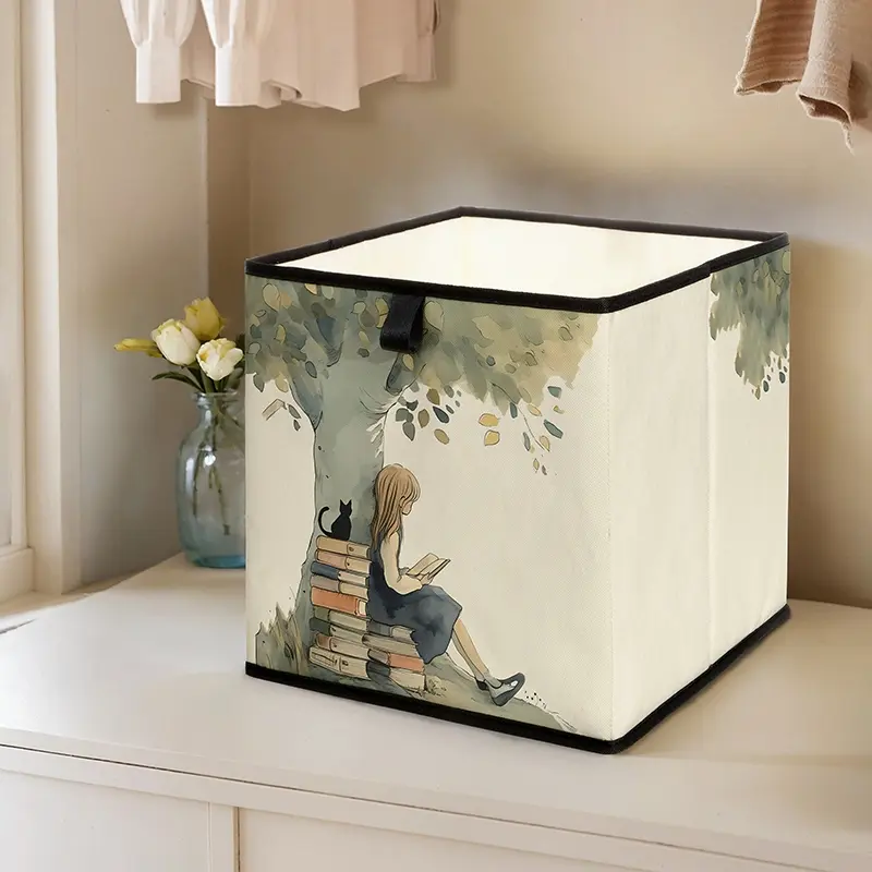 Girl Reading Under Tree Print Storage Box, Stackable Drawer Organizer, Space-Saving Design for Home Dorm Room Organization