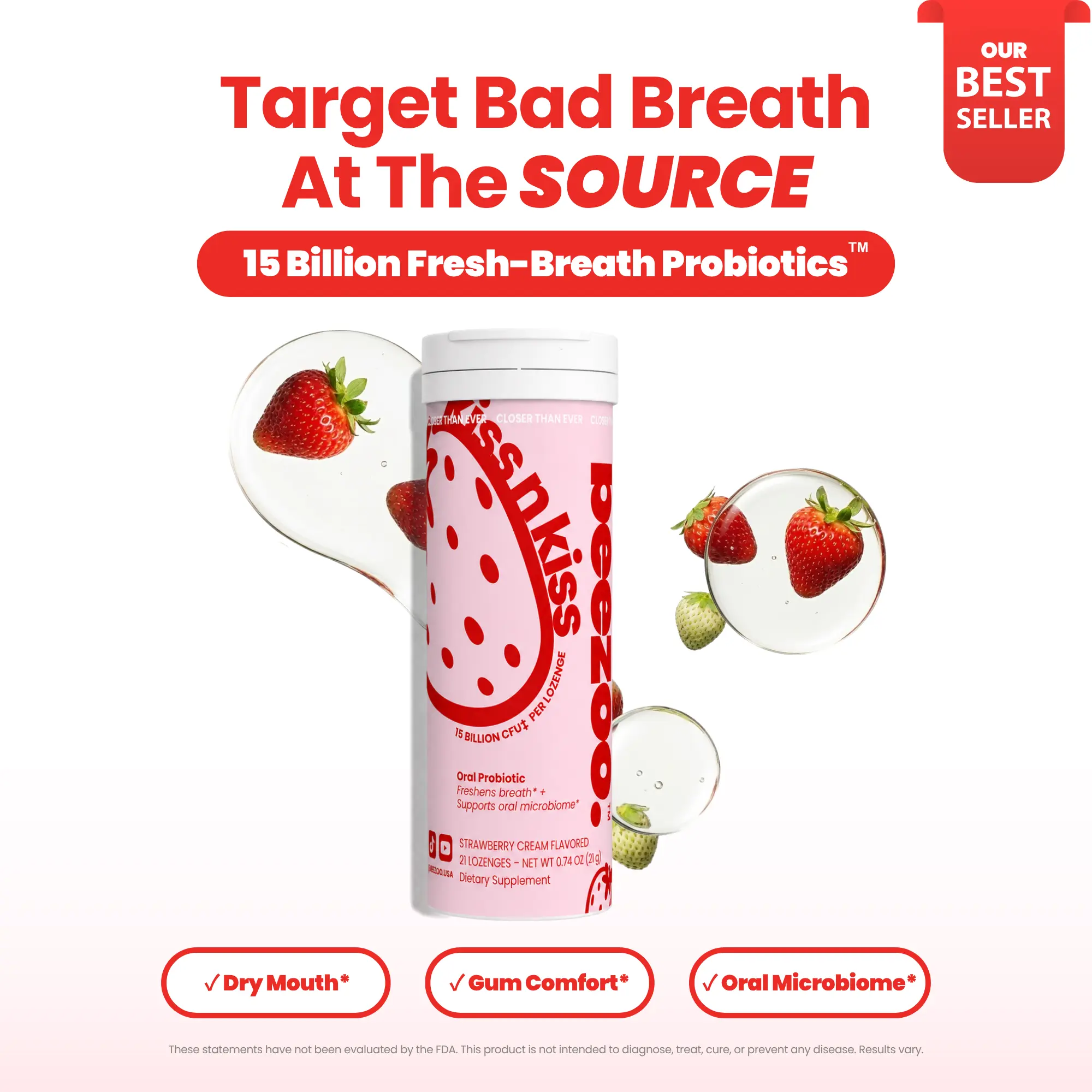 beezoo Fresh-Breath Probiotics - Strawberry Fizz Oral Probiotic for Bad Breath - Targets Odor at the Source - 15 Billion CFU, 5 Strains - Kiss Tab, Sugar-Free, 21 Tabs (Vegan, Non-GMO)
