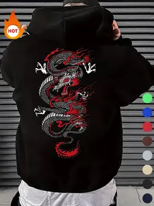 Men's Dragon Print Pocket Drawstring Hoodie, Regular Fit Casual Drop Shoulder Long Sleeve Hooded Sweatshirt, Men's Fall & Winter Clothes