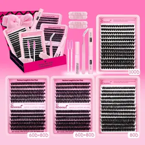 Thick Volume False Eyelashes Set, Eyelash Extensions, DIY Cluster Lash, Dense Curled, Long-Lasting Waterproof Lashes, with Accessories, Bond & Seal & Remove & Tweezers & Brush, Eyelashes for Women