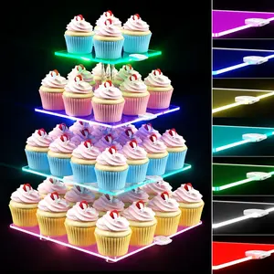 4 Tier LED Cupcake Stand, Clear  Cupcake Tower with Rechargeable Light, Cupcake Holder for 50 Cupcakes, Cupcake Dessert Display Stand for Parties,Weddings,Birthdays, Shower
