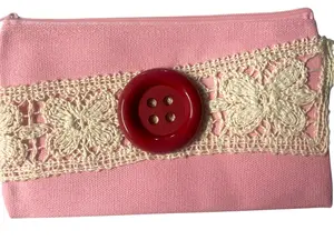 Eleganceinlife Pink Canvas Makeup Pouch with Ivory Crochet Lace & Red Button Accent