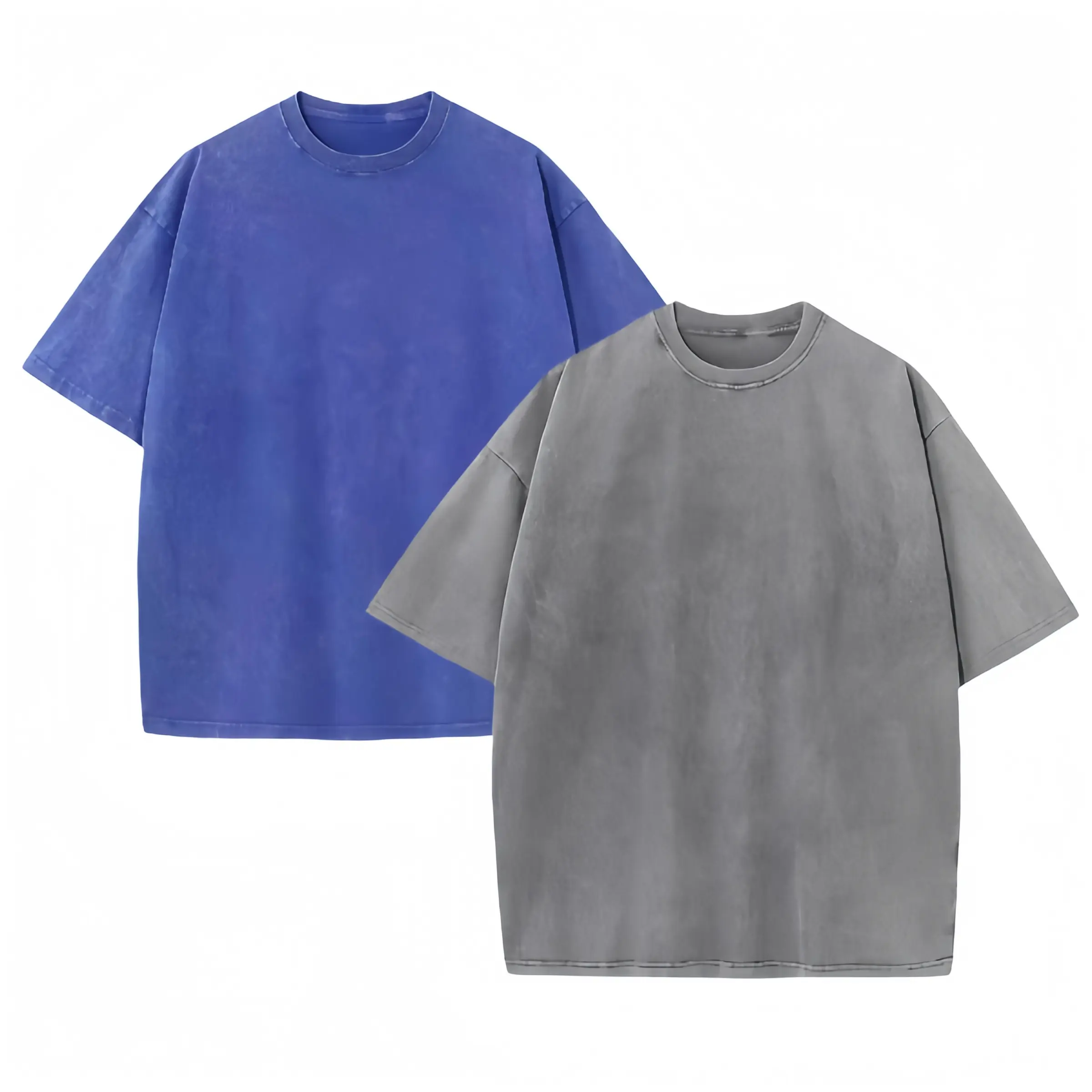 Men's 2-Pack Vintage Cotton Short-Sleeve T-Shirts, Oversized Drop-Shoulder Top with Textured Mineral Wash, Solid Finish, Ribbed Round Neck, Layered Hem Streetwear