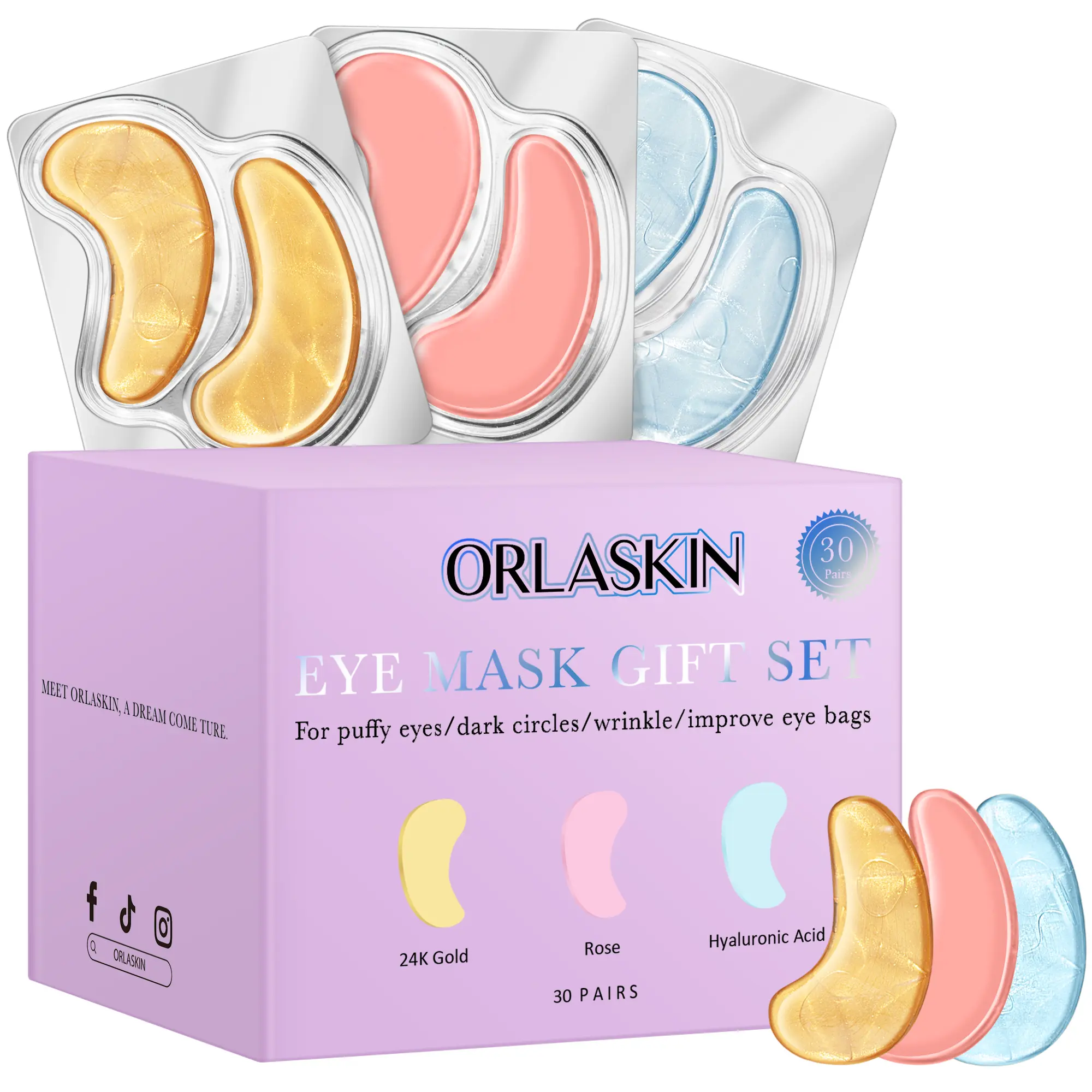 Orlaskin 30-pair eye mask set effectively reduces eye bags, dark circles, and puffiness, diminishes fine lines,rich in rose, hyaluronic acid, and 24K gold.gentle and non-irritating, caring for the delicate skin around the eyes,eye patches Gift Smooth