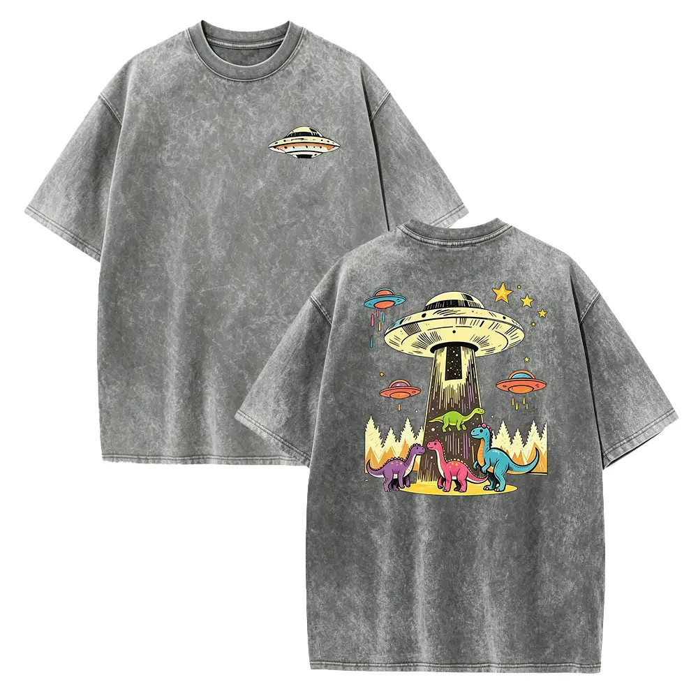 Washed-Vintage Washed Mint Green Nostalgic Sci-Fi T-Shirt - Oversized Crew Neck Short Sleeve T-Shirt with UFO And Dinosaur Prints, 230G Pure, Suitable for Daily Casual Wear And Summer Adventures
