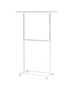 2 Tier Adjustable Chrome Garment Rack with Silver Metal and White Rod for Clothing Storage Solutions