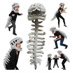 Realistic Dinosaur Skeleton Costume Set for Adults and Kids – Soft Plush Mask Hood with Spinal Backpiece, Wearable Halloween Role Play Party Outfit for Jurassic Cosplay