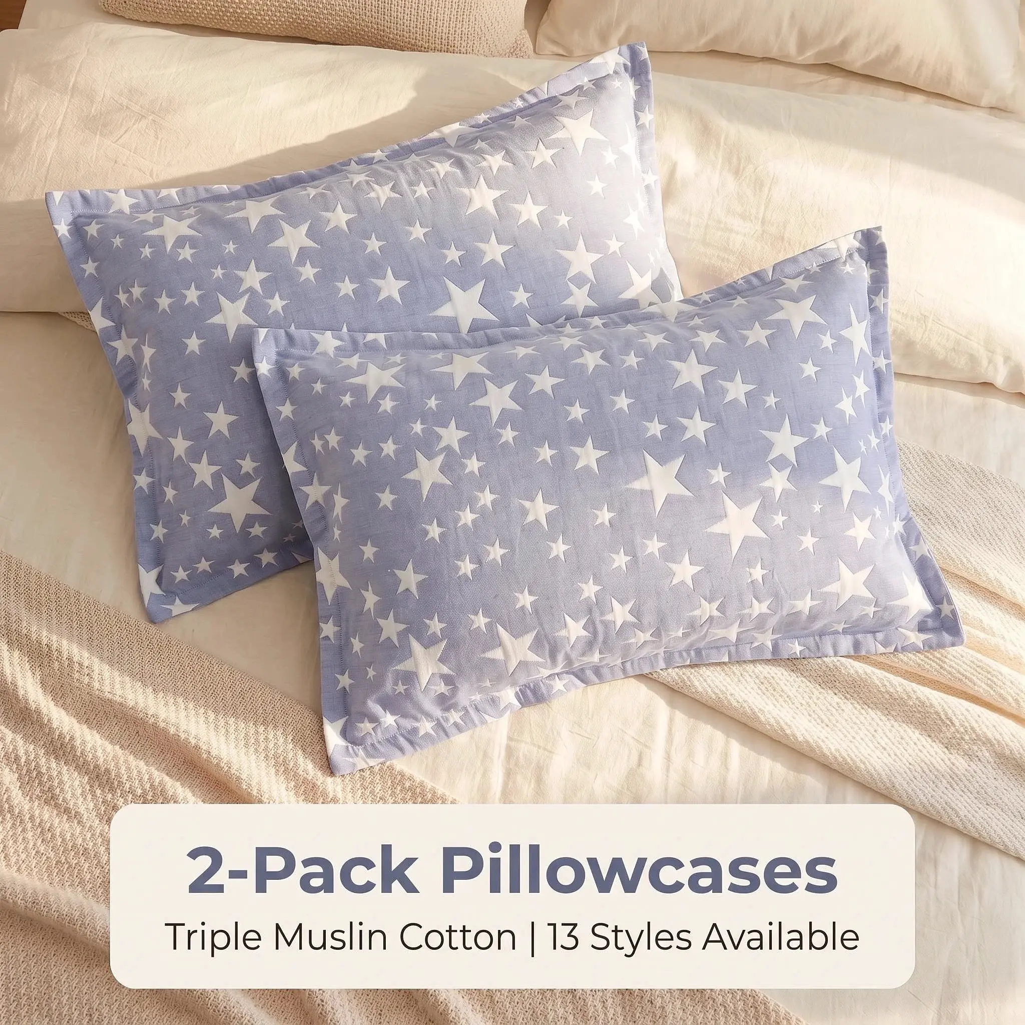 Bedsum 2-Pcs 3-Layer Weave Muslin Cotton Pillowcase - Luxury Bed Linens with Twist, Starburst, Garland Geometric Gauze Texture, Soft, Hypoallergenic, Eco-Friendly, Envelope Fit, Skin-Caring Bedding Accessory