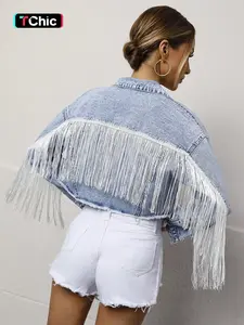 Elegant Fashion Backless Fringed Denim Jacket Coats for Music Festivals, Casual Stylish Chic Streetwear for Women, Trendy Short Outerwear Womenswear