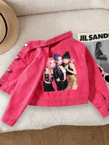 Girls' Casual Fashion Denim Jacket, Sweet Cool Kpop Girl Group Print, Comfortable Fit, Suitable for School and Dates, Ages 12 and Under