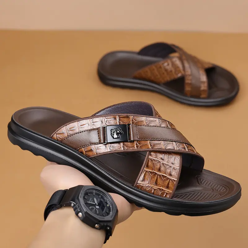 Men's Cross-Strap Sandals with Anti-Slip Sole, Comfortable Open-Toe Slip-On Footwear for Summer, Beach, and Home, Shoe, Slip-On Style