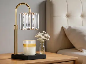 Candle warming lamp with timer and 7-level dimmable control. Top-melting design fits most jar candles, working for scented wax melts. Elegant crystal-style heater lamp in black, perfect for home decor and aromatherapy.