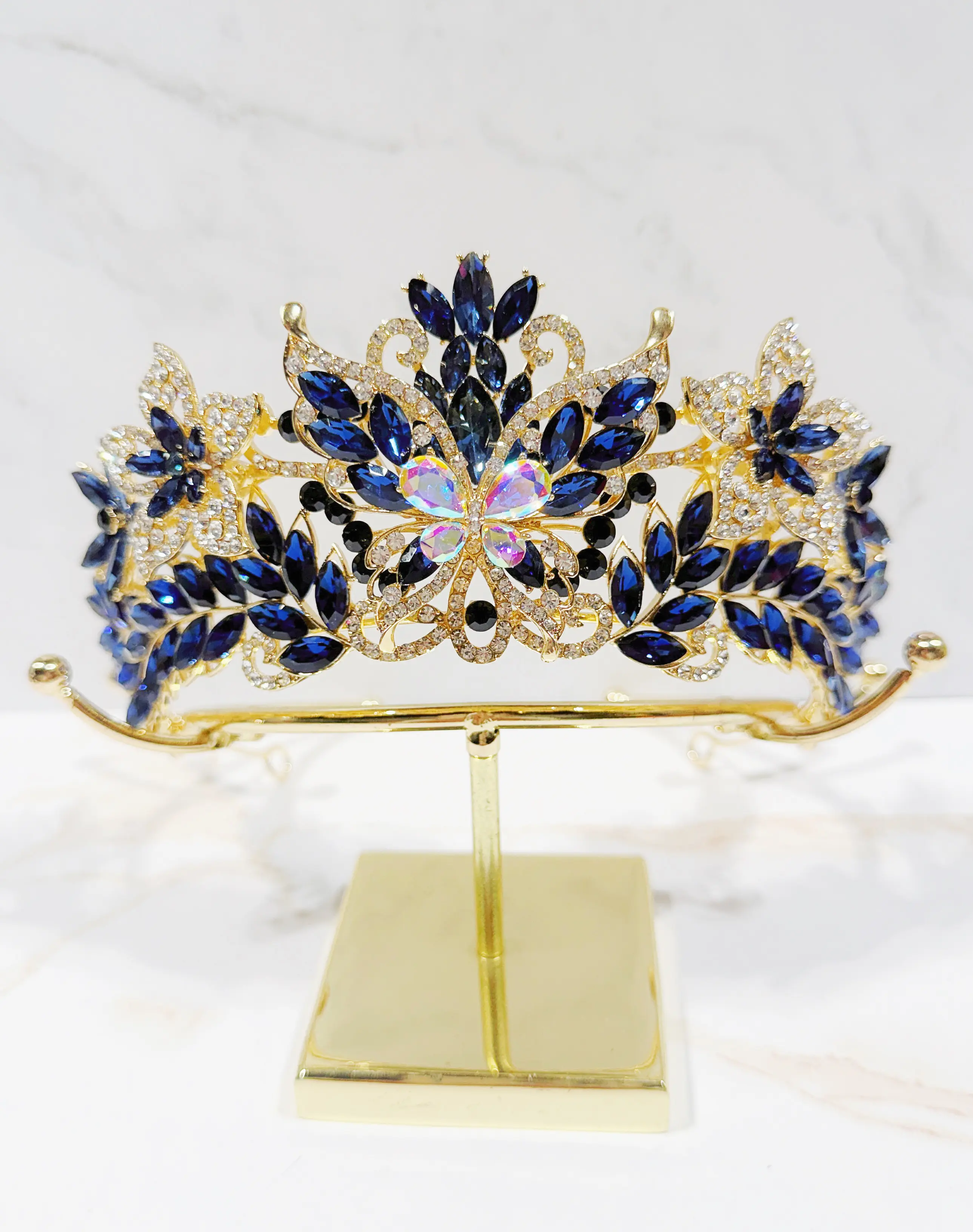 Gold Butterfly Tiara for Women, Elegant Hair Accessory with Navy Blue Crystal Accents, Intricate Floral Design for Weddings & Formal Events