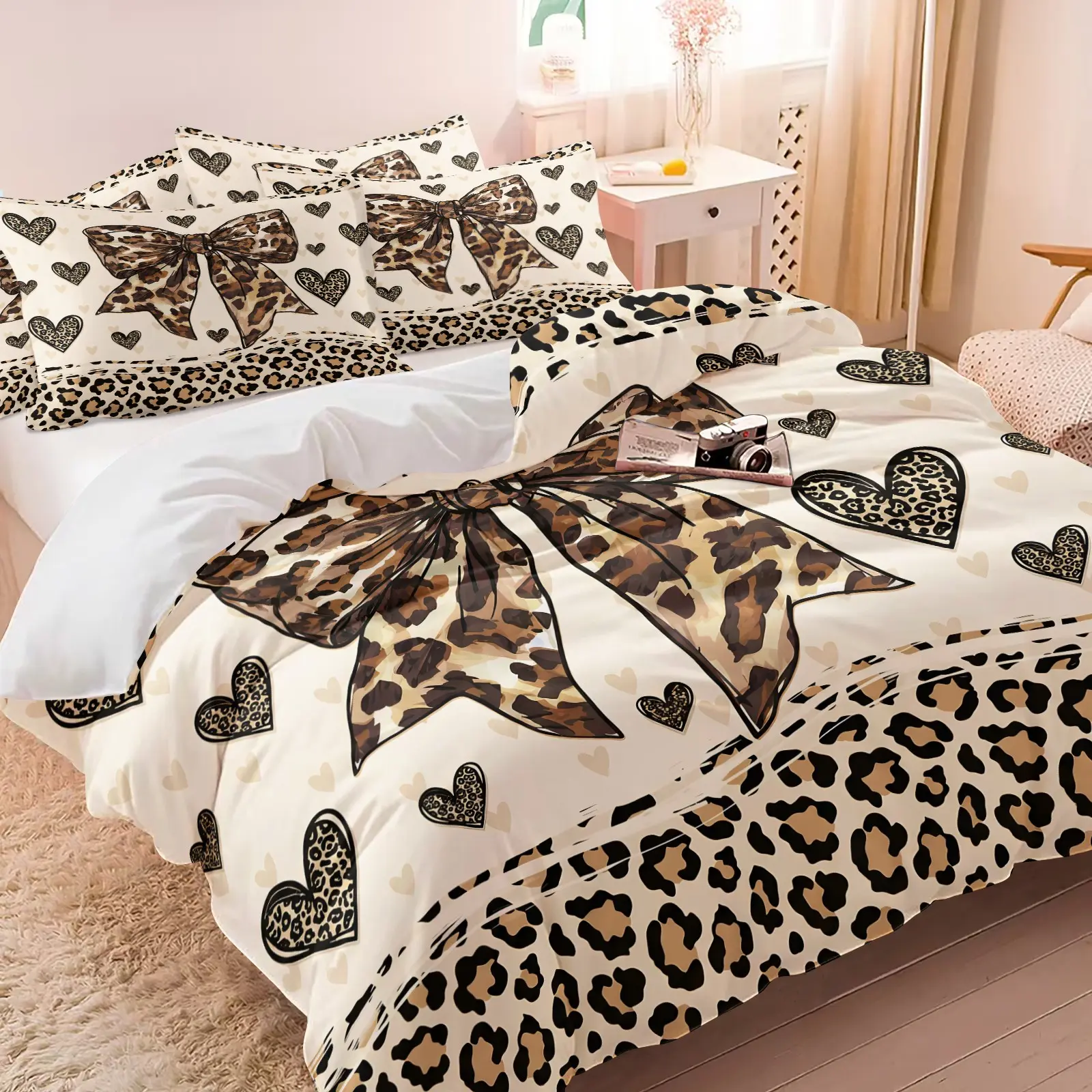 Leopard Bow & Heart Duvet Cover Set - 1 Duvet Cover + 1/2 Pillowcases, Soft & Cozy All Season Bedding, Printed Bedding Set, Cute Leopard Print Bow and Hearts Comforter Cover, Microfiber Bed Linens for Girls Bedroom Decor