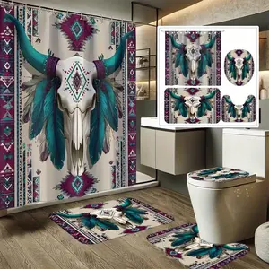 1/4-piece shower curtain set with cow bone totem decorative theme, includes a non-slip mat, U-shaped rug, and toilet seat cover. Perfect for bathroom decoration, partitioning, and beautifying the space. Includes 12 shower curtain hooks. Restroom