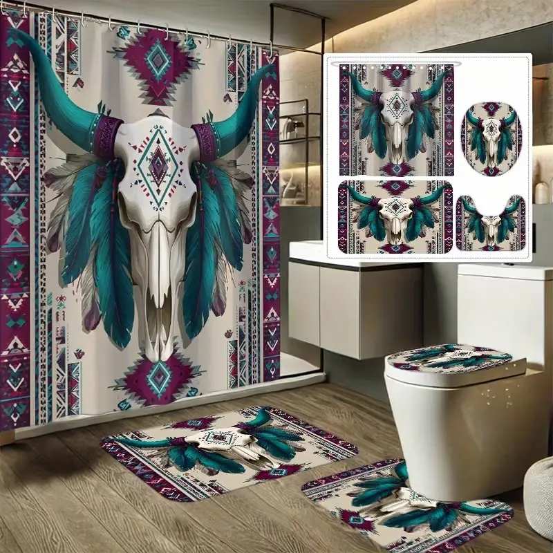 1/4-piece shower curtain set with cow bone totem decorative theme, includes a non-slip mat, U-shaped rug, and toilet seat cover. Perfect for bathroom decoration, partitioning, and beautifying the space. Includes 12 shower curtain hooks. Restroom