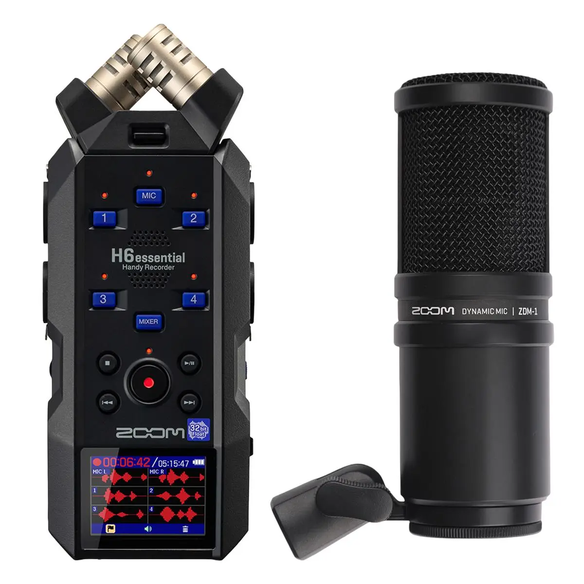 Zoom H6 Essential 6-Track 32-Bit Float Portable Stereo Voice Recorder with LCD Display, Adapter, ZDM-1 Dynamic Microphone Bundle for Recording Needs