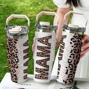 30oz Stainless Steel Handheld Water Bottle Tumbler, Leopard Print Design, Dual-Layer Vacuum Insulated, Portable Travel Mug with Lid