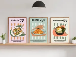 Set of 3 Korean Food Kimbap Kimchi Bibibap Art Printable Seoul South Korea Kpop Kawaii Retro Poster Korean Aesthetic Minimalist Abstract
