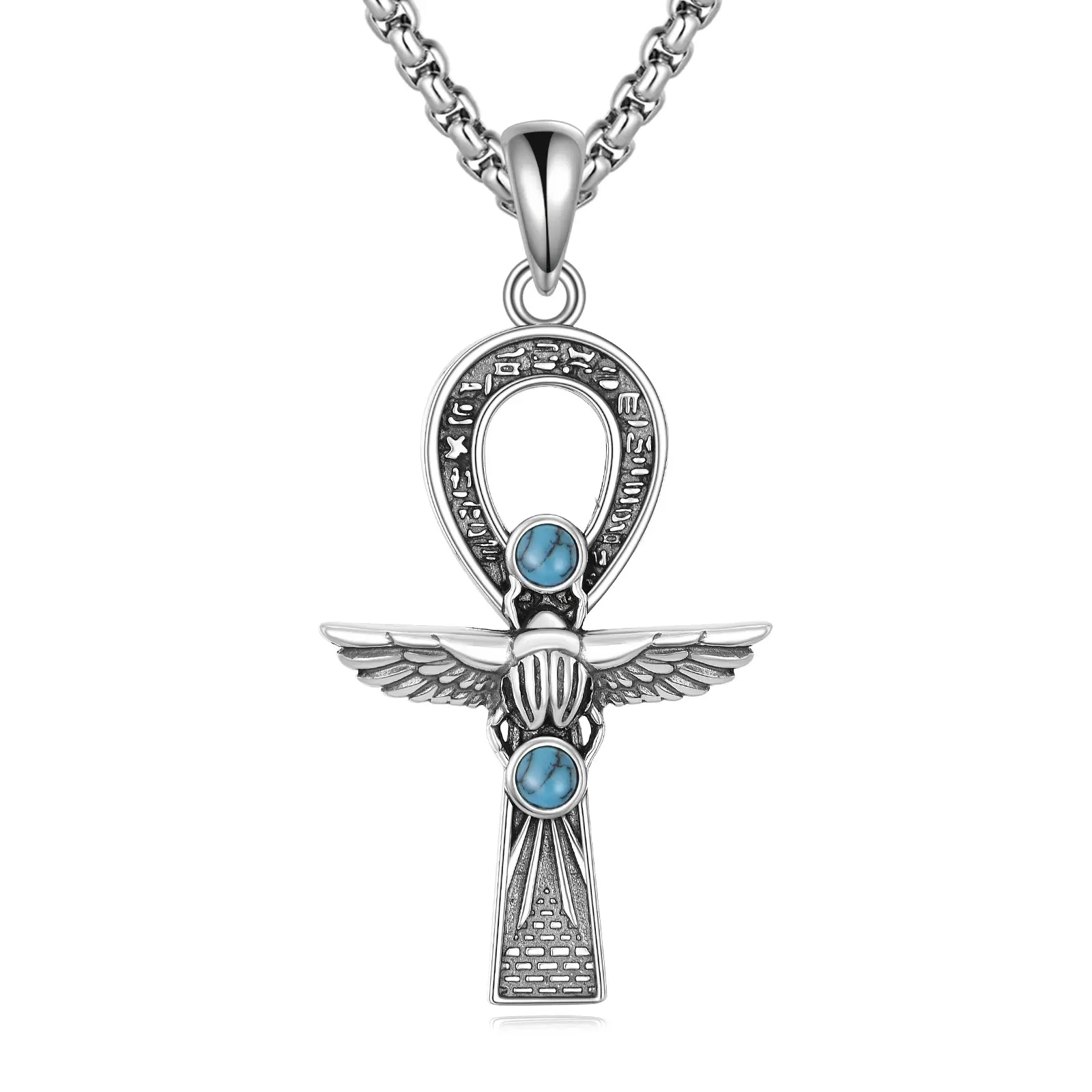 S925 Solid Silver Ankh Scarab Necklace, Ancient Egyptian Hieroglyphics Turquoise Stone Pendant, Non-Natural Crystal Ancient Jewelry for Men/Women Everyday Wear