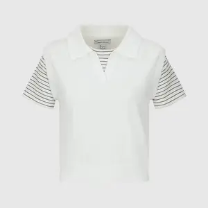 URBAN REVIVO Women's 2-Piece Shell-Inspired Mock Neck Striped Short-Sleeve Polo Shirt, 2026 Summer Elegant Casual Medium Length Polyester-Cotton Fabric Women's Clothes, UYL960046+