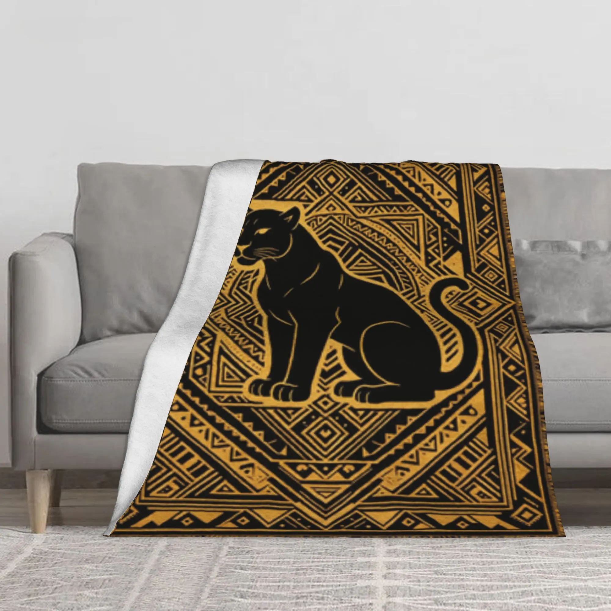 Tribal Geometric Frame Sitting Black Panther Flannel Throw Blanket, Large Soft Lightweight Warm Decor Blanket, Multi-Purpose Sofa Cover, Wall Hanging Tapestry, Ethnic Wilderness Boho Aesthetic Gift for Family and Friends