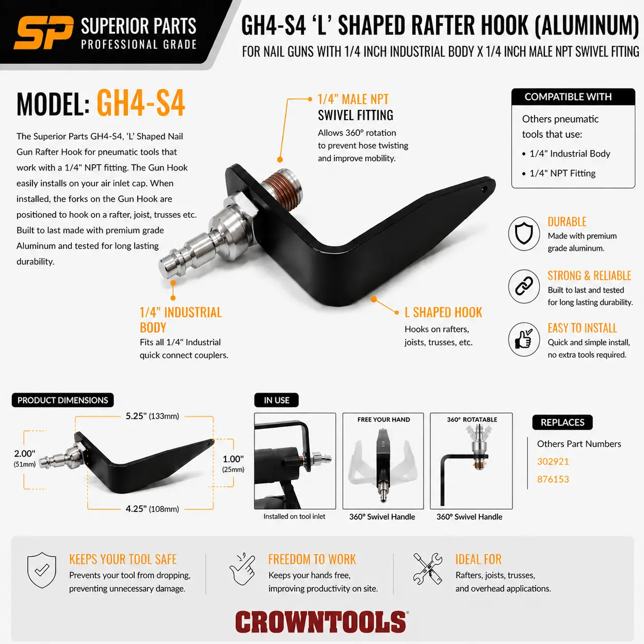 L Shaped Rafter Hook (Aluminum) for Nailer with 1/4 Inch Industrial Body x 1/4 Inch Male NPT Swivel Fitting - GH4-S4