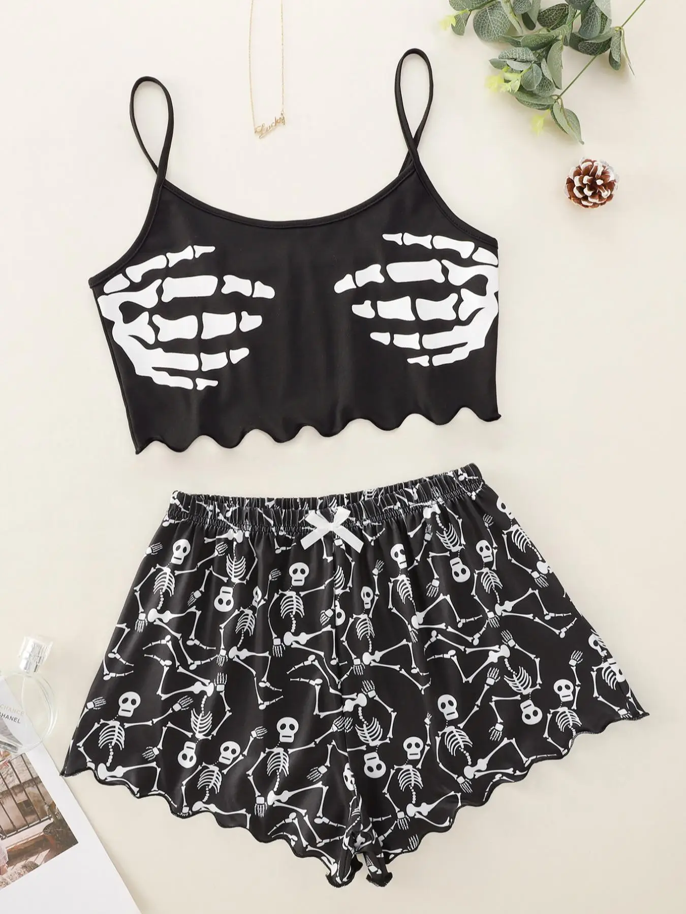 Women's Halloween Skull Print Summer Lounge Co-ord Set, Casual Crop Cami Top & Bow Front Elastic Waist Shorts, Halloween Pajamas, Summer Pajama Set, S