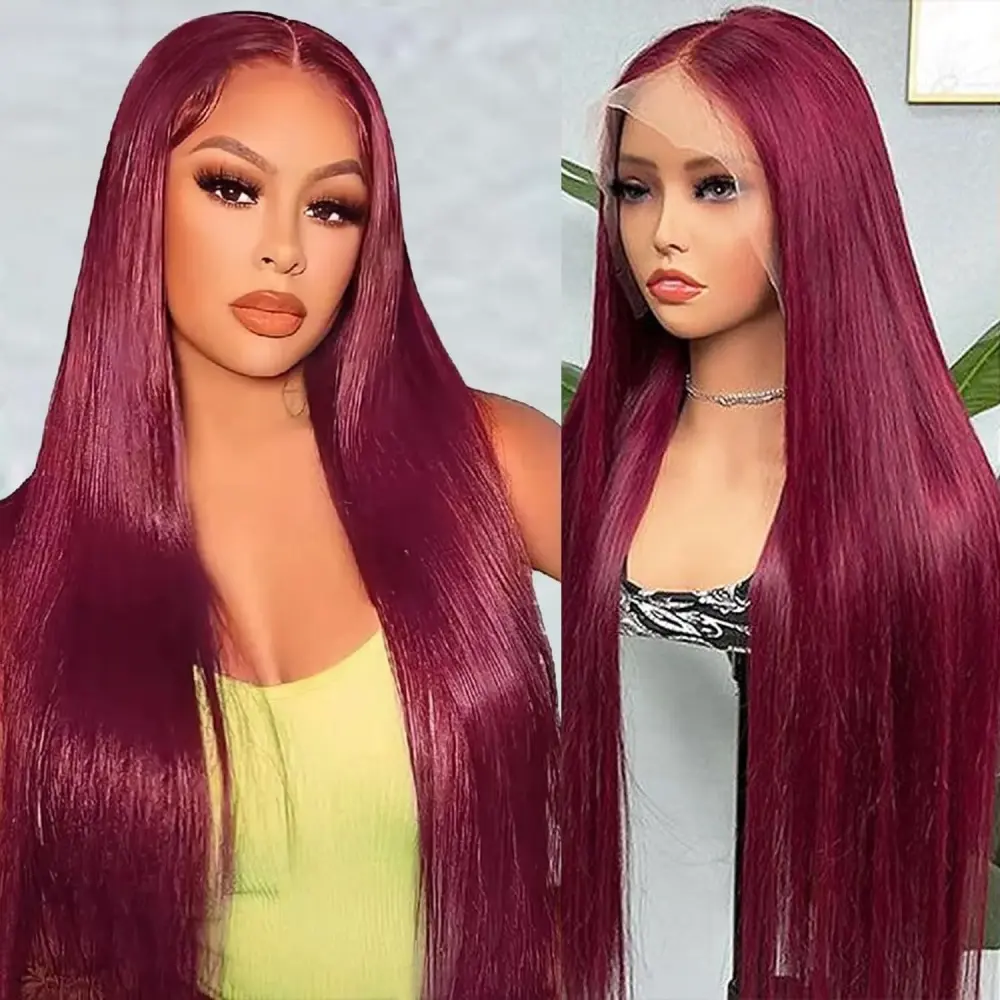 Blend Human Hair Burgundy Color Straight Wig 150% Density 13x4 Lace Front Wigs Straight 99J Lace Front Hair Wig