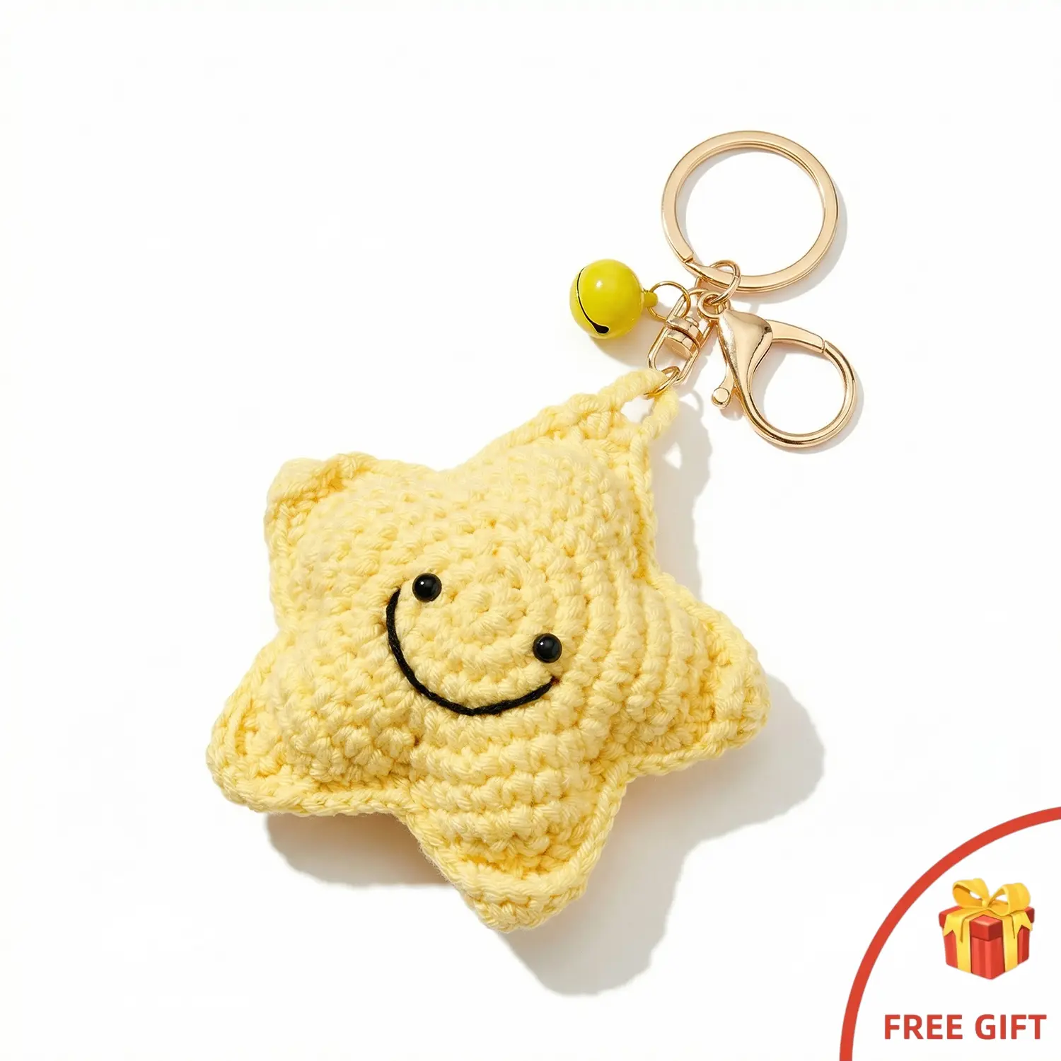 Handmade Crochet Smiley 5-Point Star Keychain - Kawaii Aesthetic Bag Charm for Girls with Yellow Jingle Bell, Double Ring Car Decor Pendant, Birthday Gift Accessory, Cute Keychains, Smiley Face, Five-Point Star