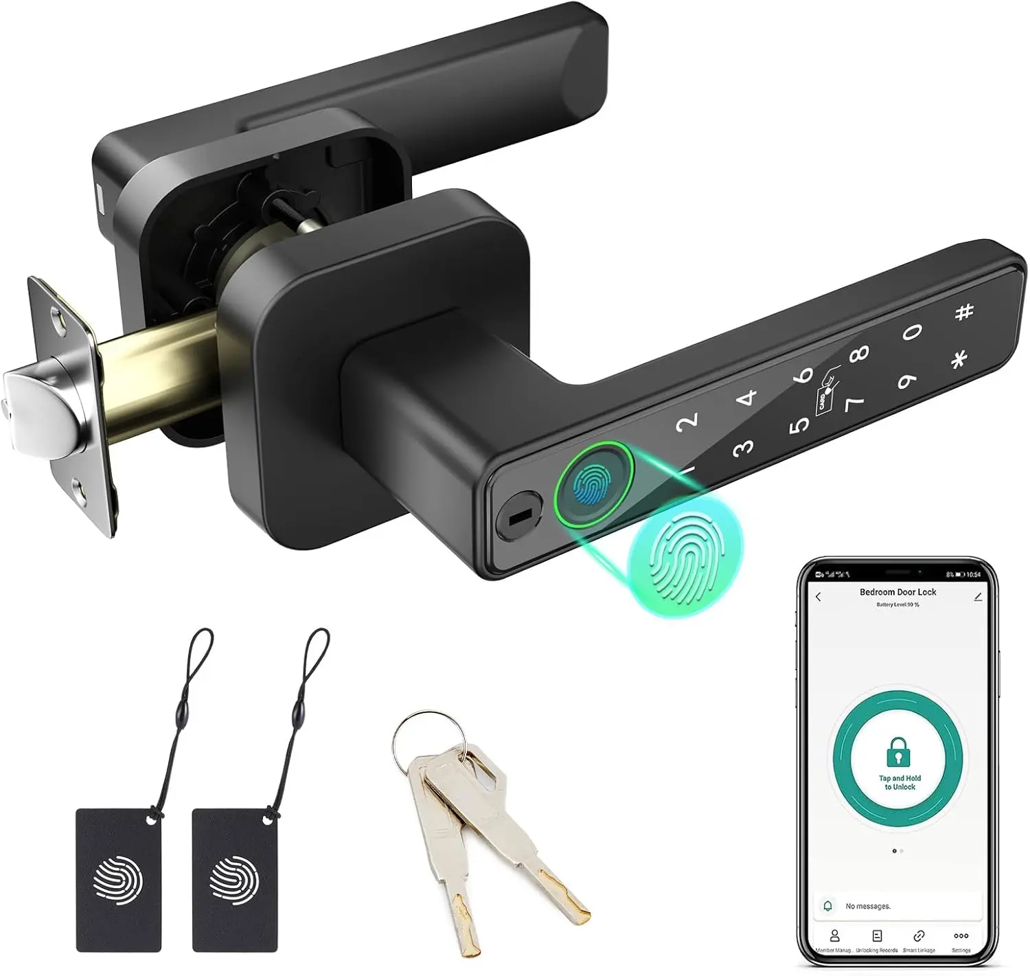 Smart Door Security Lock - Fingerprint Door Handle with Digital Keypad Lock, APP, IC Card, Key & Biometric Unlock for Bedroom, Hotel
