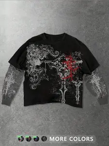 Unisex Gothic Style Long Sleeve Fitted T-Shirt with Rune and Cross Print, Ideal for Streetwear and Hip Hop Culture, Perfect Couple